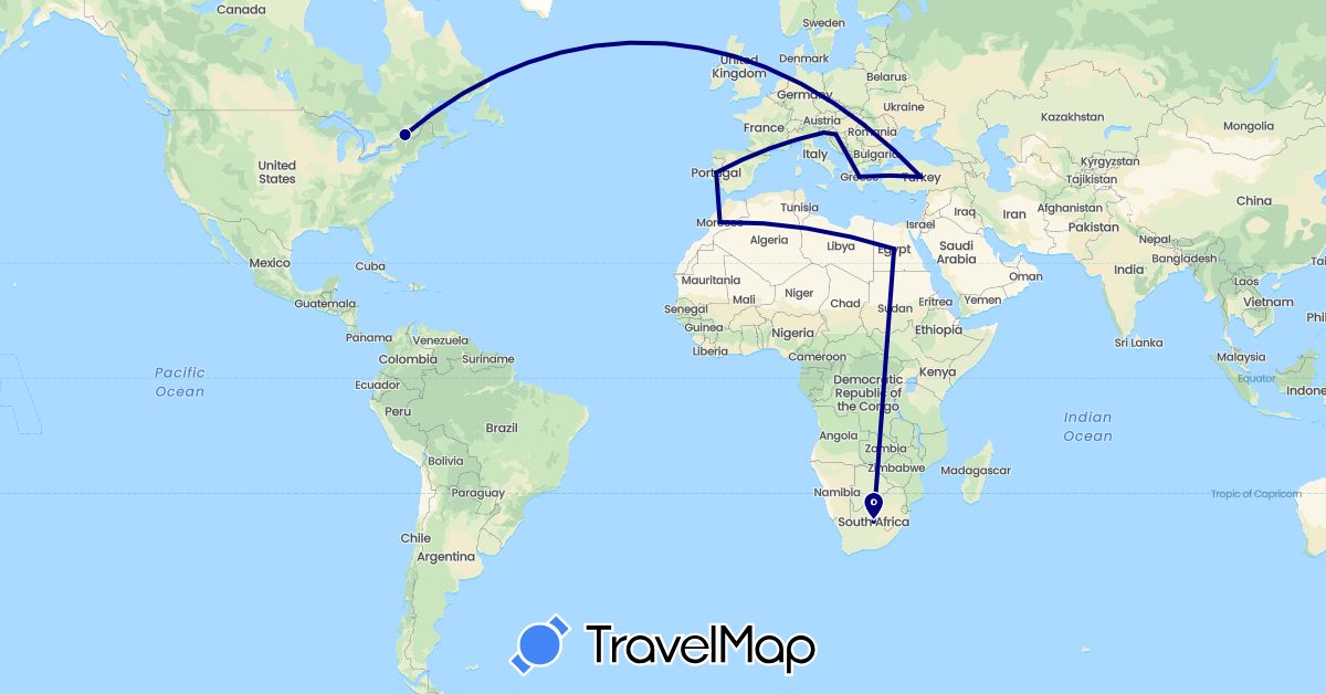 TravelMap itinerary: driving in Canada, Egypt, Greece, Croatia, Morocco, Portugal, Slovenia, Turkey (Africa, Asia, Europe, North America)